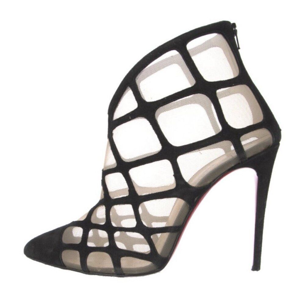 christian louboutin Authentic Black Suede Cage Mesh Ankle Boots Booties 6.5